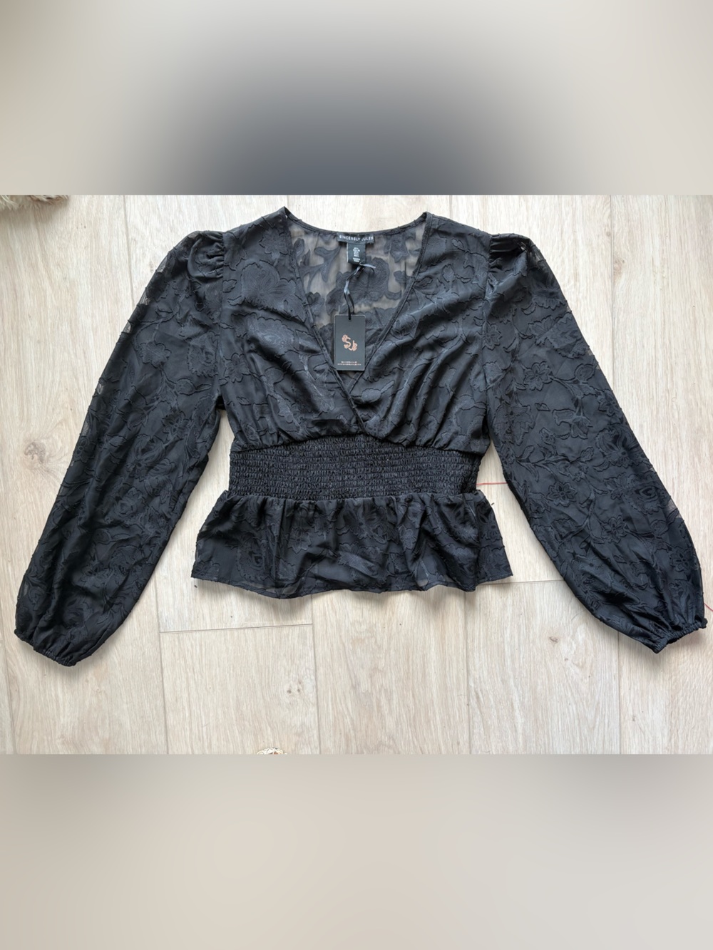 Sincerly Jules Black Floral Lace Smocked Waist Puff Sleeve Blouse Sz L